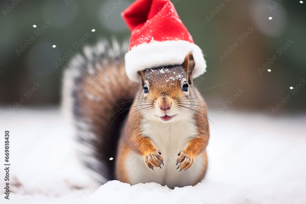 Cute Christmas funny squirrel in Santa red hat Cute Christmas funny squirrel in Santa red hat