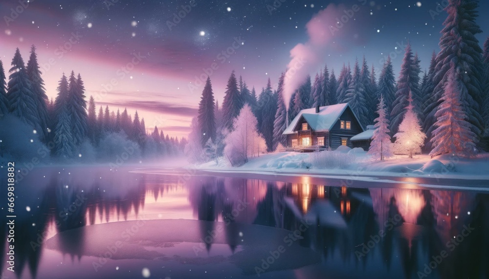 Twilight Serenity: Winter Lake with Cozy Cabin