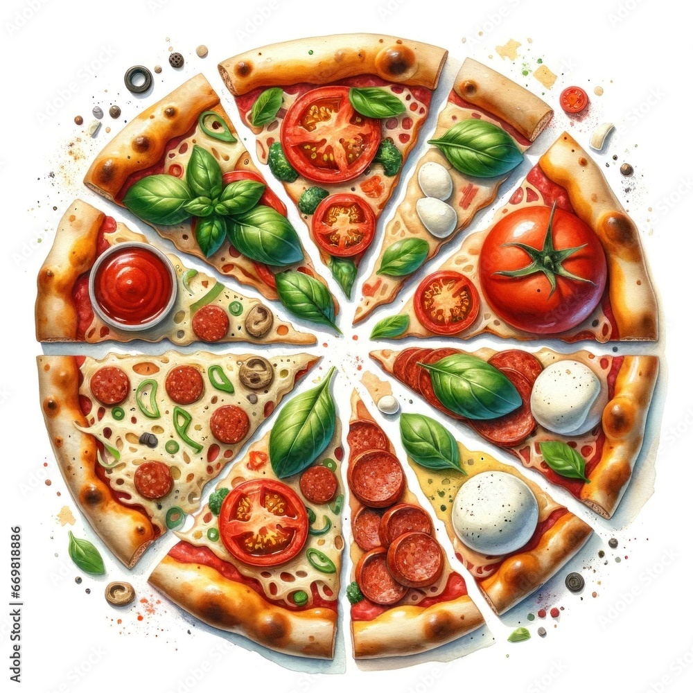 Artistic Watercolor Disassembled Pizza Artistic Watercolor Disassembled Pizza