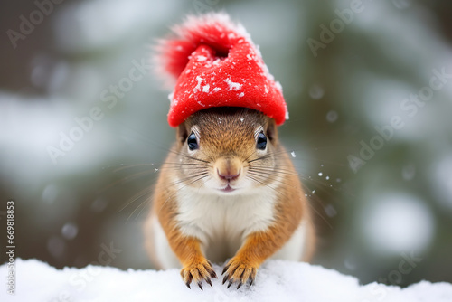 Cute Christmas funny squirrel in Santa red hat
