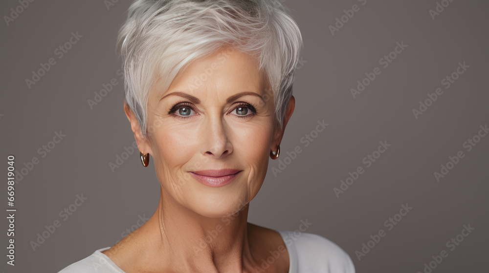 Elegant, smiling, elderly, chic, woman with gray hair and short haircut, on a beige cream background, banner. Elegant, smiling, elderly, chic, woman with gray hair and short haircut, on a beige cream background, banner.