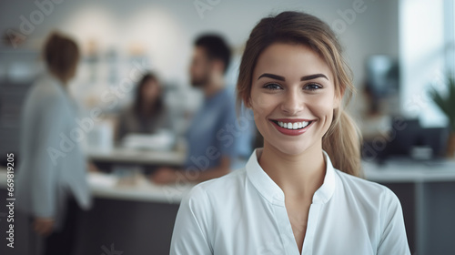 Portrait of a smiling female doctor or nurse standing at clinic reception and looking at camera. Medicine and health concept with copy space