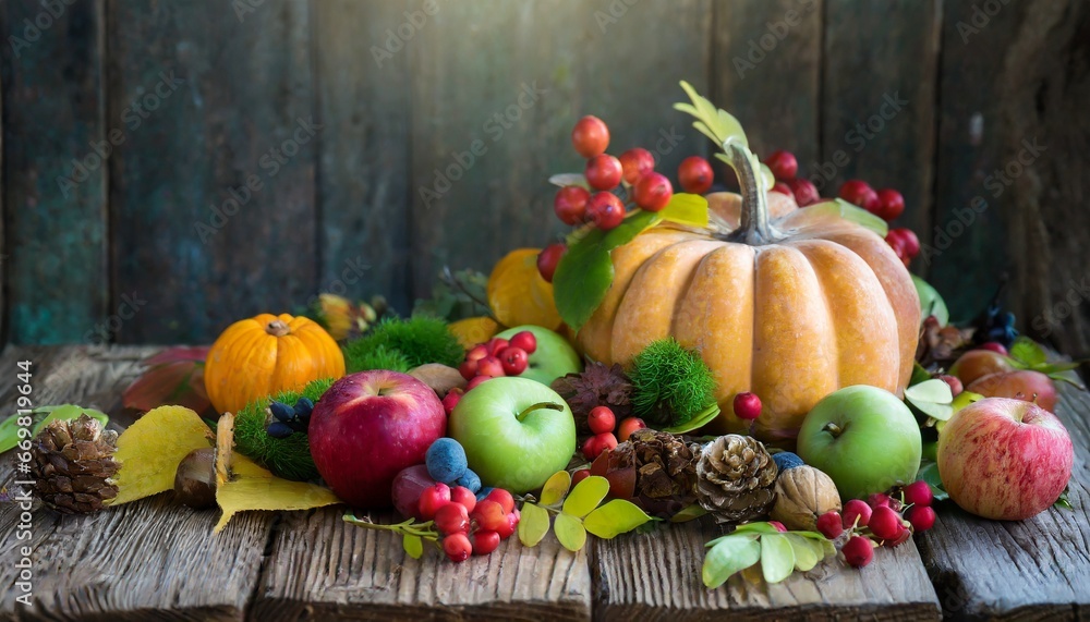Pumpkin and autumn leaves on wooden table Thanksgiving Day Pumpkin and autumn leaves on wooden table Thanksgiving Day