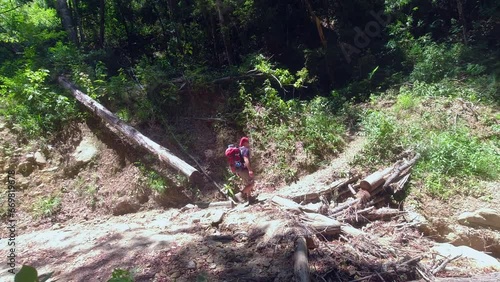Wallpaper Mural Male backpacker hikes through sunny clearing in dense tropical forest Torontodigital.ca