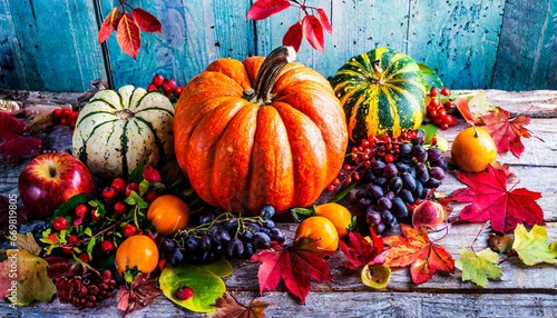 Pumpkin and autumn leaves on wooden table Thanksgiving Day