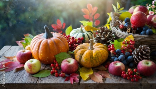 Pumpkin and autumn leaves on wooden table Thanksgiving Day