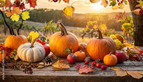 Pumpkin and autumn leaves on wooden table Thanksgiving Day