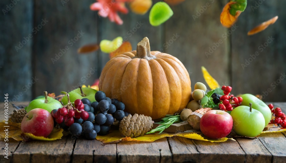 Pumpkin and autumn leaves on wooden table Thanksgiving Day Pumpkin and autumn leaves on wooden table Thanksgiving Day