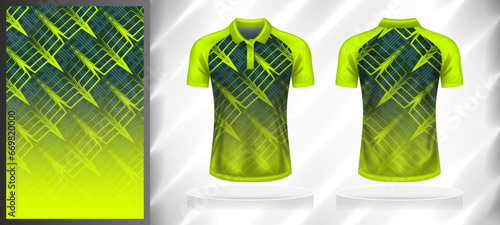 Vector sport pattern design template for Polo T-shirt front and back with short sleeve view mockup. Dark and light shades of green color gradient abstract geometric line texture background.