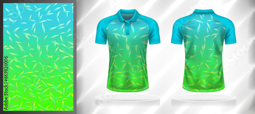 Vector sport pattern design template for Polo T-shirt front and back with short sleeve view mockup. Shades of green-blue-yellow color gradient abstract geometric texture background illustration.
