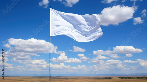 White flag waving against blue cloudy sky