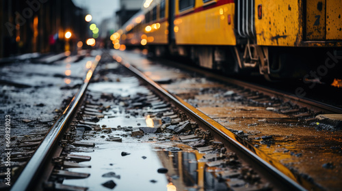 Railway tracks with a train on a rainy evening