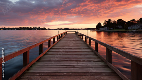 Wooden pier leading into sunset over lake