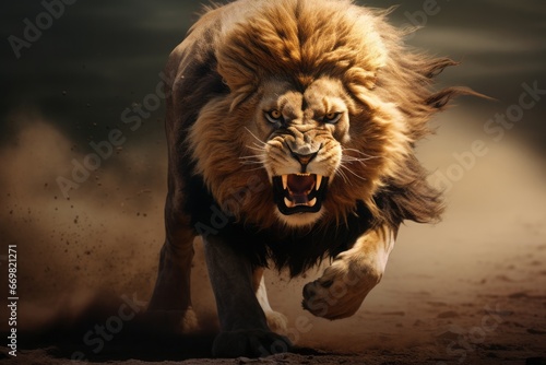 Captivating image of a lion in full chase  embodying raw power and majestic speed.