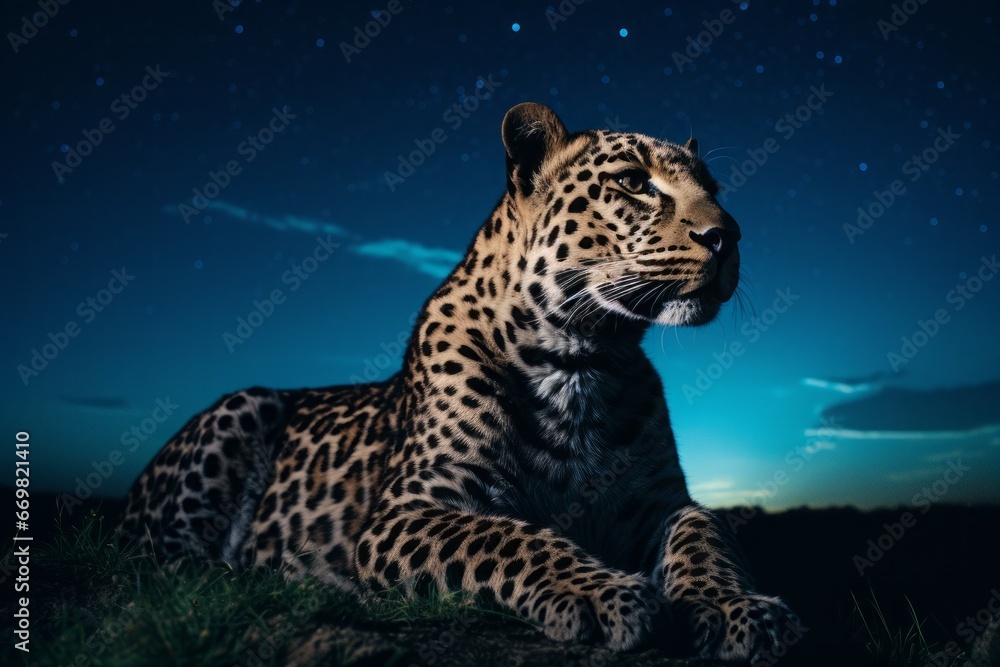 Obraz premium Mystical image of a leopard against a night sky, blending wildlife and celestial wonder.