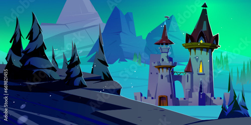 Magic medieval castle at night with fantasy mountain landscape. halloween fairytale building tower with green aurora light in sky. Polar enchanted chateau house above mystery borealis illustration