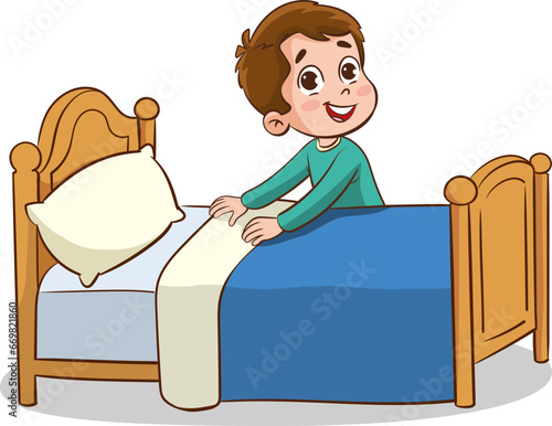 Happy little children doing housework cleaning.child making bed.