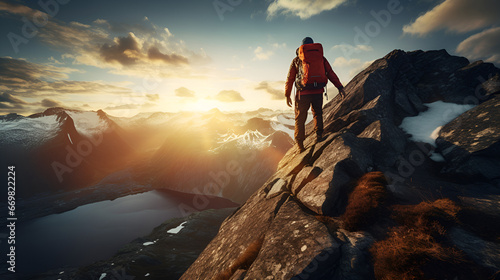Climber Walking on the Top of a Hill with Iceberg Landscape at Sunrise Inspiring Moments: Climber's Sunrise Trek to Hilltop Paradise © Safia