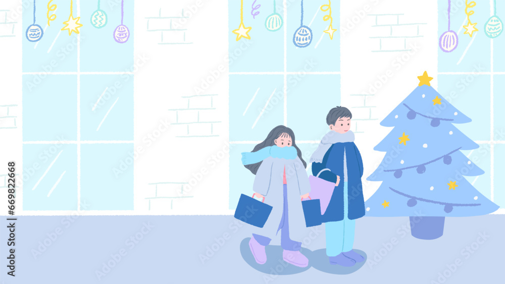 Christmas, a man and a woman couple wearing winter clothes and walking in front of a show window with a smile, cute hand drawn illustration / クリスマス、冬服を着て笑顔でショーウィンドウの前を歩く男女カップル、かわいい手描きイラスト Christmas, a man and a woman couple wearing winter clothes and walking in front of a show window with a smile, cute hand drawn illustration / クリスマス、冬服を着て笑顔でショーウィンドウの前を歩く男女カップル、かわいい手描きイラスト