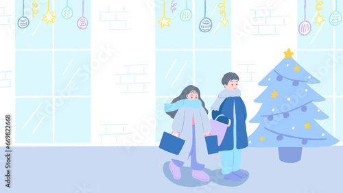 Christmas, a man and a woman couple wearing winter clothes and walking in front of a show window with a smile, cute hand drawn illustration / クリスマス、冬服を着て笑顔でショーウィンドウの前を歩く男女カップル、かわいい手描きイラスト
