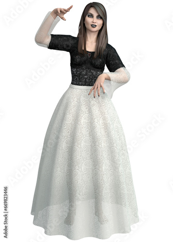 3D Render of Gothic woman in black white lace dress