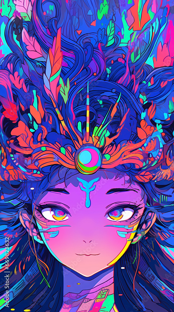 Fototapeta premium Hand drawn cartoon illustration of a beautiful spring goddess wearing a wreath on her head 