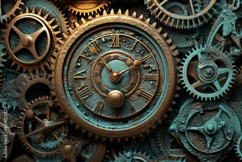 Detailed metallic clock art and vintage gears decoration with unique texture. Generative AI