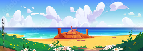 Wooden pier on summer beach. Vector cartoon illustration of sandy seashore with stones, green grass and flowers on hills, blue lake water under cloudy sky, beautiful natural background, sunny scenery