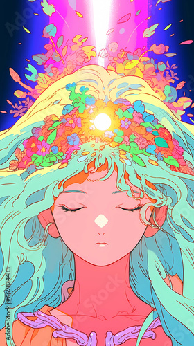 Hand drawn cartoon illustration of a beautiful spring goddess wearing a wreath on her head 
