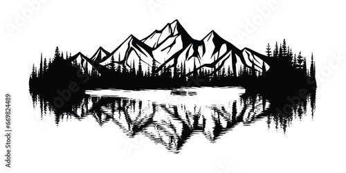 Forest and mountains are reflected in the lake, vector sketch, isolated on white background	