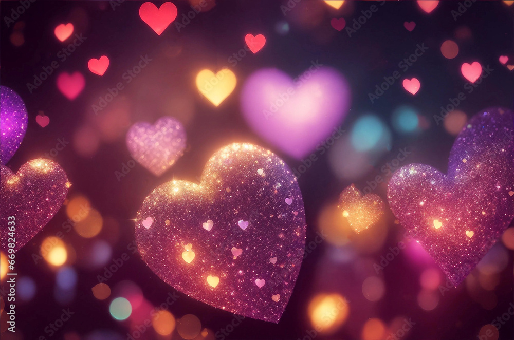 Shiny, sparkling, shimmering of small hearts. Abstract background, romantic atmosphere, Bokeh, vibrant colors, fantasy, intense detailed, high resolution.  Generative AI.