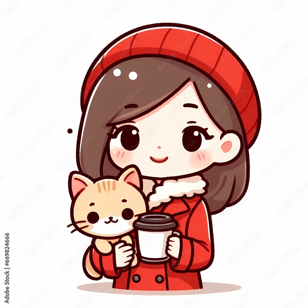 cartoon A woman in a red coat holding a cat and a coffee cup with white