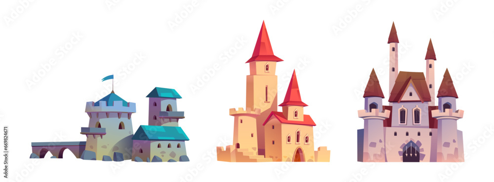 Medieval castle icon vector cartoon kingdom set. Ancient fairytale fort and fantasy building architecture exterior. Isolated citadel collection design with flag. Princess tower drawing illustration