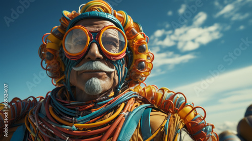 SuperHero - Old man with costume made of colorful cables and pipes with big glasses and mustache. photo