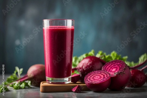 Beetroot cold pressed juice in glass, healthy raw vegetable and fruit drink for detox