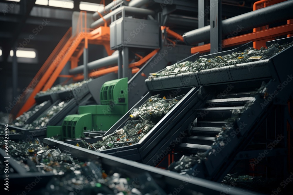 A detailed view of a plastic waste sorting machine in a factory, amidst conveyor belts. Generative AI