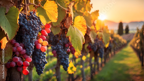 ripe grapes in vineyard at sunset