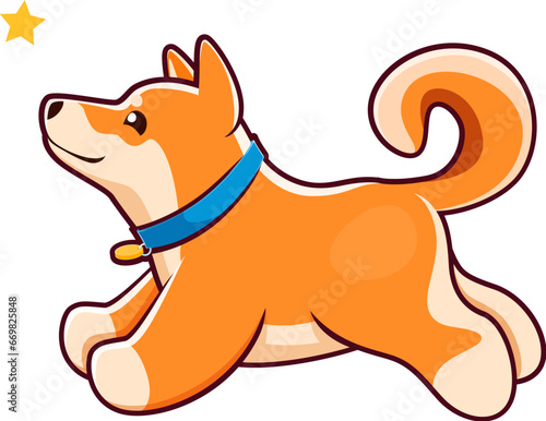 Cartoon happy Shiba Inu dog, cute kawaii pet character catching star, vector animal. Kids funny personage of cute Shiba Inu puppy dog with running and jumping after star, baby mascot or emoji emoticon