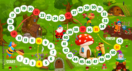 Kids step board game. Cartoon gnome and elf characters at fairytale village. Dice game, racing playing activity vector worksheet with fantasy house, gnomes cute personages working in garden and farm