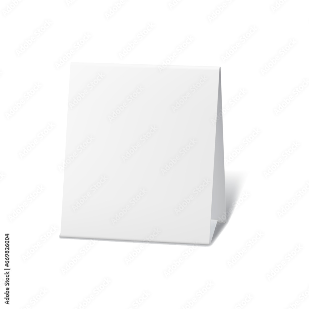 Table stand paper tent card or blank menu display mock up, vector white