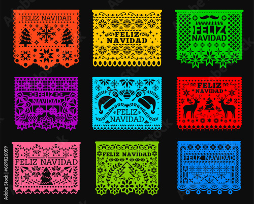 Feliz navidad. Mexican Christmas paper cut papel picado flags and banners. Vector Mexico holiday fiesta party garland of bright color paper flags with flowers, Christmas tree, deer, snowflakes pattern