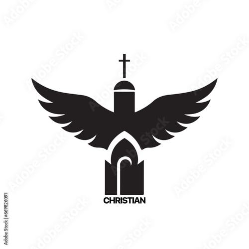 Christian Logo template with church, temple and dove wings. Black and white christian symbol. Pigeon wings and church tower logotype.