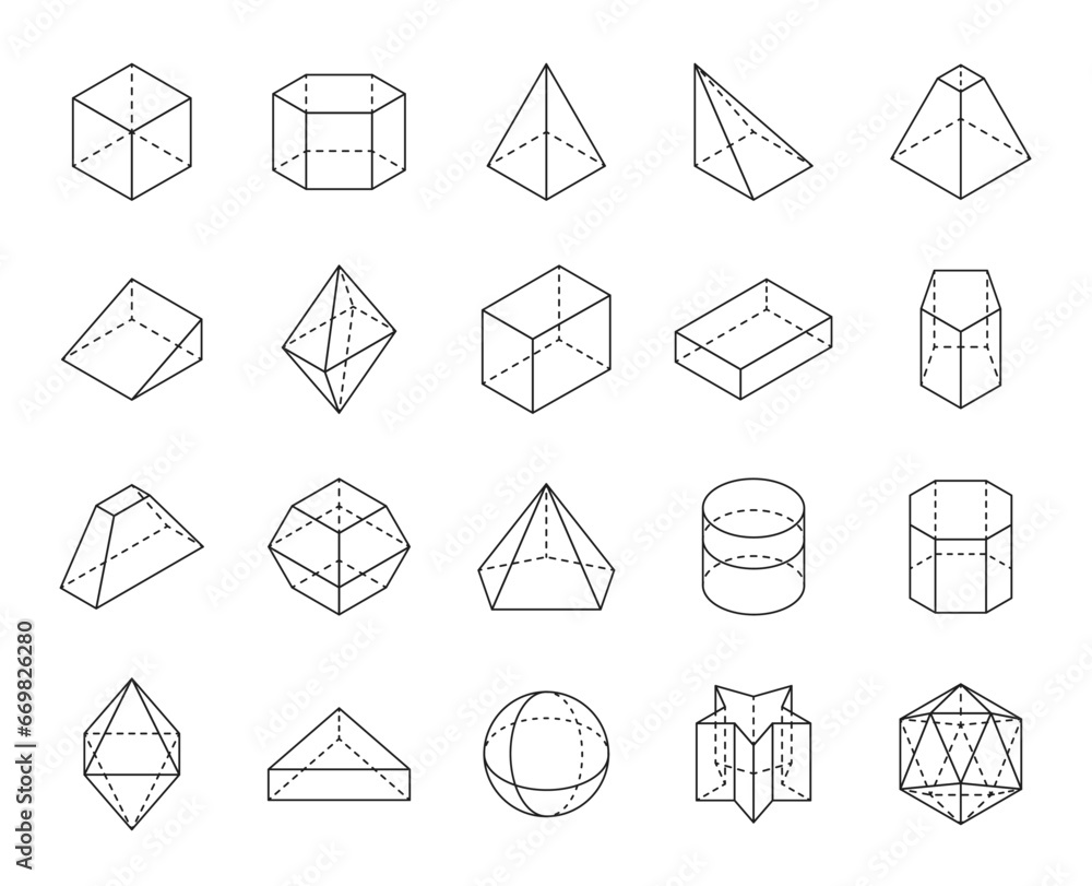 Outline geometric shape icons. Geometry and mathematics regular 3d dimensional line figures, isolated vector prism, cone, hexagon and icosahedron, star, hexagon, sphere and cylinder, octahedron - obrazy, fototapety, plakaty 