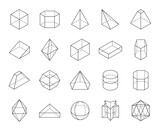 Outline geometric shape icons. Geometry and mathematics regular 3d dimensional line figures, isolated vector prism, cone, hexagon and icosahedron, star, hexagon, sphere and cylinder, octahedron
