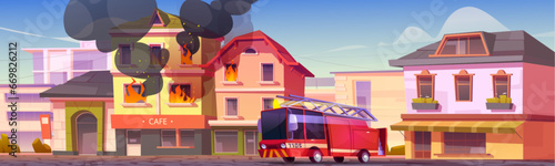 Fire truck arrives to put out burning building in city. Cartoon vector illustration of town landscape with house in flames and covered in smoke, red car with firefighters came at emergency call.