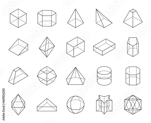 Outline geometric shape icons. Geometry and mathematics regular 3d dimensional line figures, isolated vector prism, cone, hexagon and icosahedron, star, hexagon, sphere and cylinder, octahedron