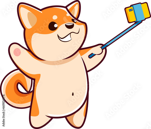 Cartoon kawaii cute pet shiba inu dog and puppy character snaps a selfie. Isolated vector pup waving paw and wagging tail, capturing a playful moment filled with furry charm and delightful expression