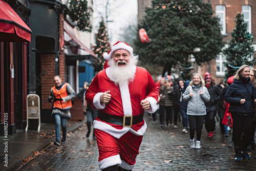 Santa Claus runs down the christmas street