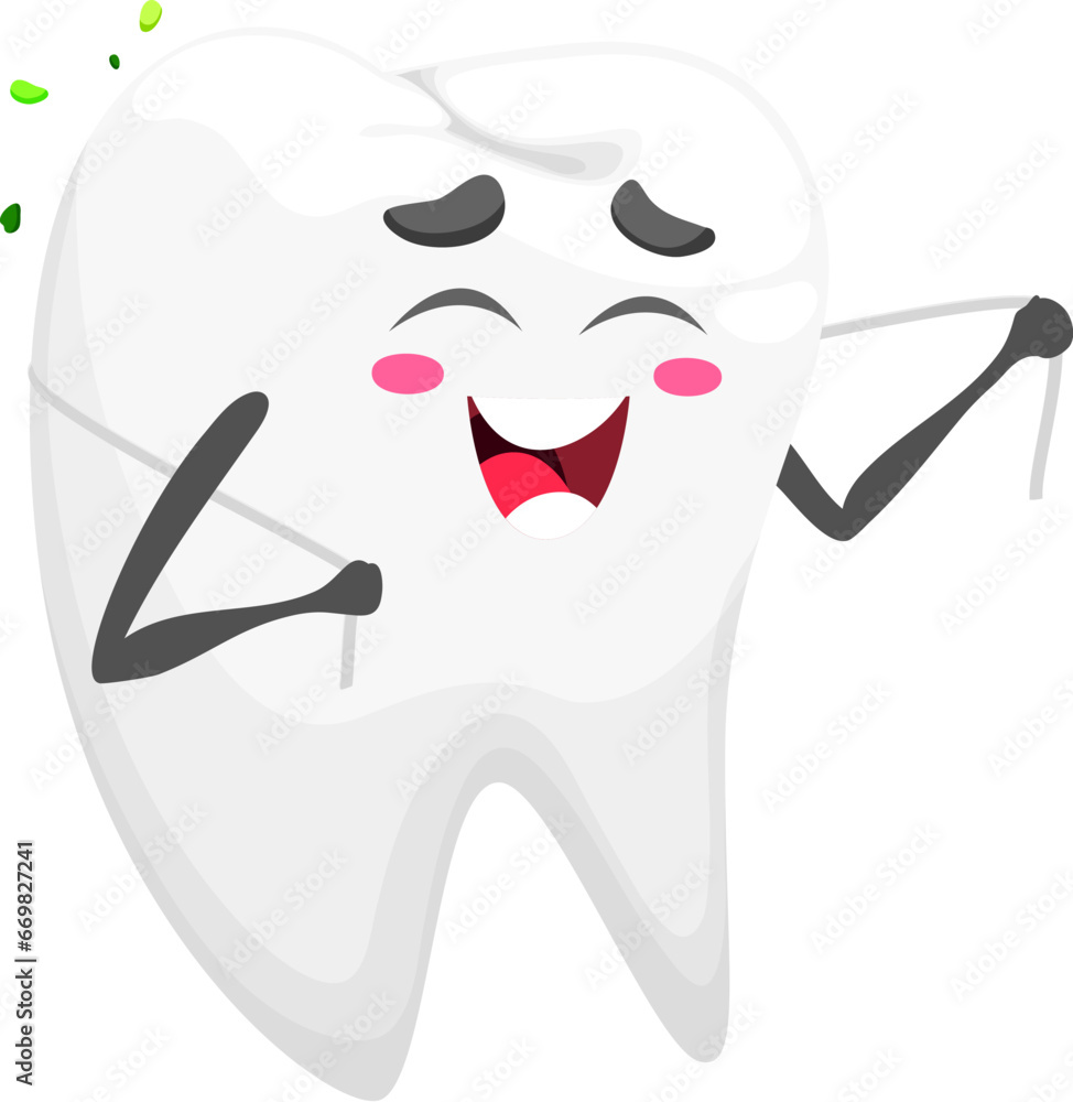 Funny cartoon tooth character with dental floss. Oral hygiene, molar tooth cleaning or teeth enamel health vector cute personage. Dental care and dentistry childish character or comical mascot