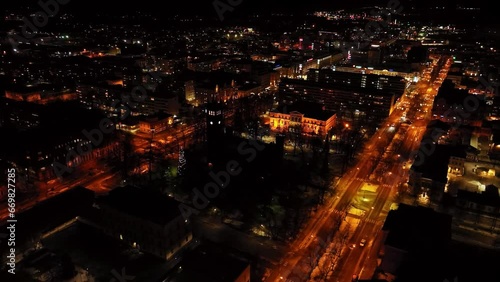 Aerial view around the church of Vaasa, winter night in Finland photo